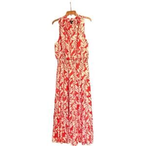 Halogen XXL Red‑Orange/White Leaf Print Midi Dress • Tiered • Excellent Cond